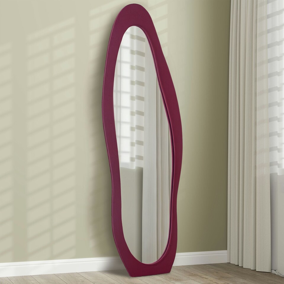 image 1 of HOMCOM Irregular Full Length Mirror with Velvet Frame 160 x 50cm Wine Red