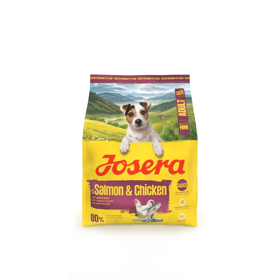 image 1 of Josera Mini Adult Salmon & Chicken complete dog food | For fussy small & toy breeds | Feed dry or wet for delicious gravy | Gluten free | Skin & coat | 0.9kg
