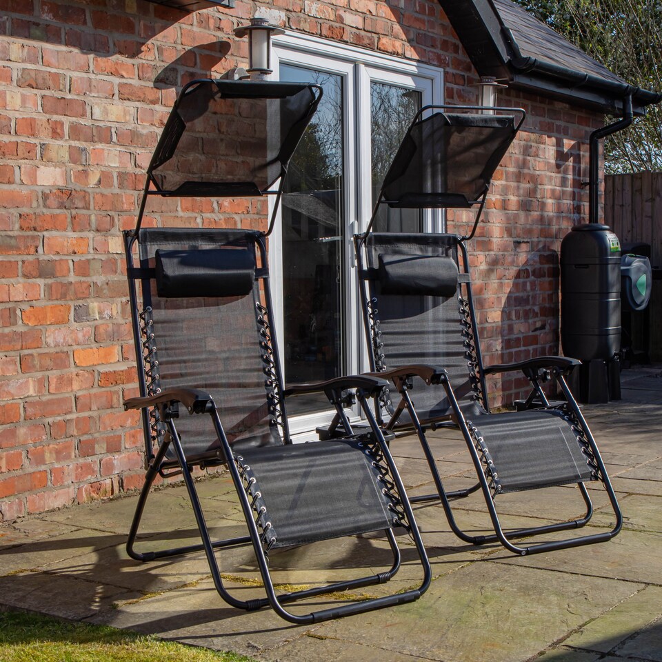 image 1 of Set of 2 Multi Position Garden Gravity Relaxer Chair Sun Lounger with Sun Canopy in Black | Black | Black