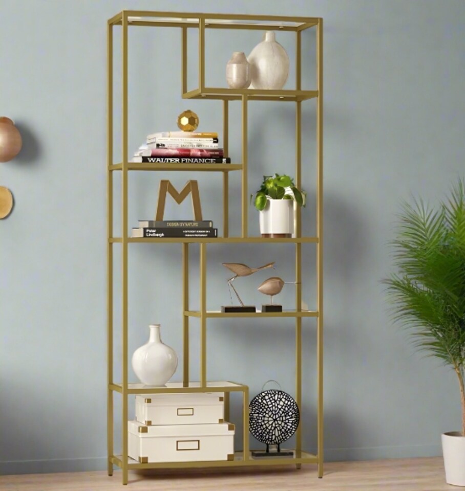 image 1 of 6-Tier Glass Bookshelf – Tall Display Bookcase & Plant Stand, Tempered Glass Shelves,