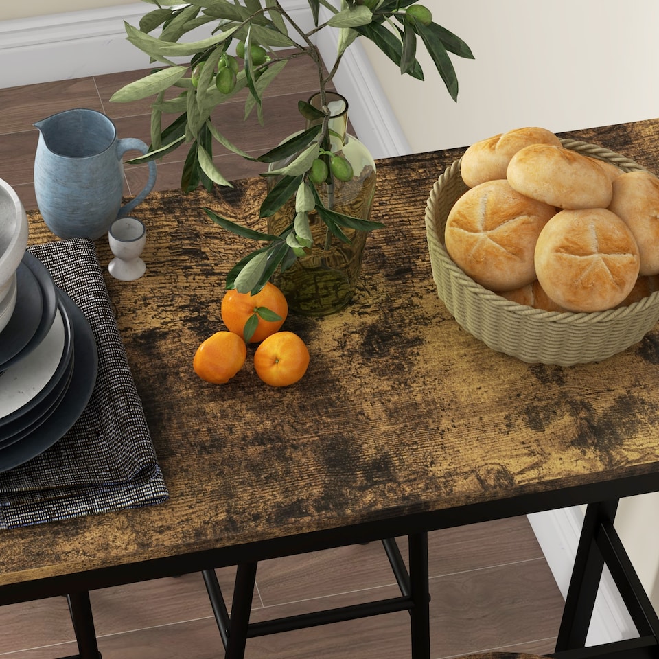 image 1 of HOMCOM 5 Piece Bar Table Set with 4 Stools, Industrial Bar Table and Stool Set, Dining Table and Chair Set for Small Space, Rustic Brown