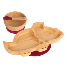 Tiny Dining Children's Bamboo Suction Dinosaur Dinner Set - Red