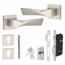 Golden Grace Modern Aura Euro Lock Door Handles in Satin Nickel Finish with 70mm Key and Barrell Grey