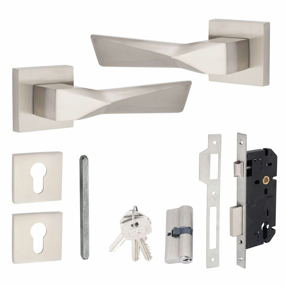 image 1 of Golden Grace Modern Aura Euro Lock Door Handles in Satin Nickel Finish with 70mm Key and Barrell Grey