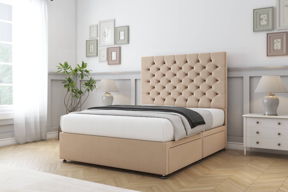 image 1 of Sloomy Mayfair Pebble Plush Divan Bed Base 2 Drawers Same Side With 54 Inch Floor Standing Headboard | Brown | Pebble | Small Single | 1