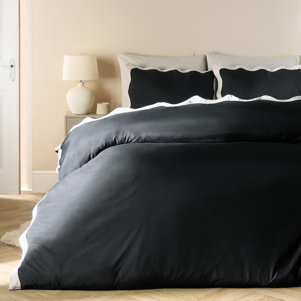 image 1 of OHS Wavy Edge Bedding Set Microfibre Duvet Cover with Pillowcase | Black | Black/Stone | Double