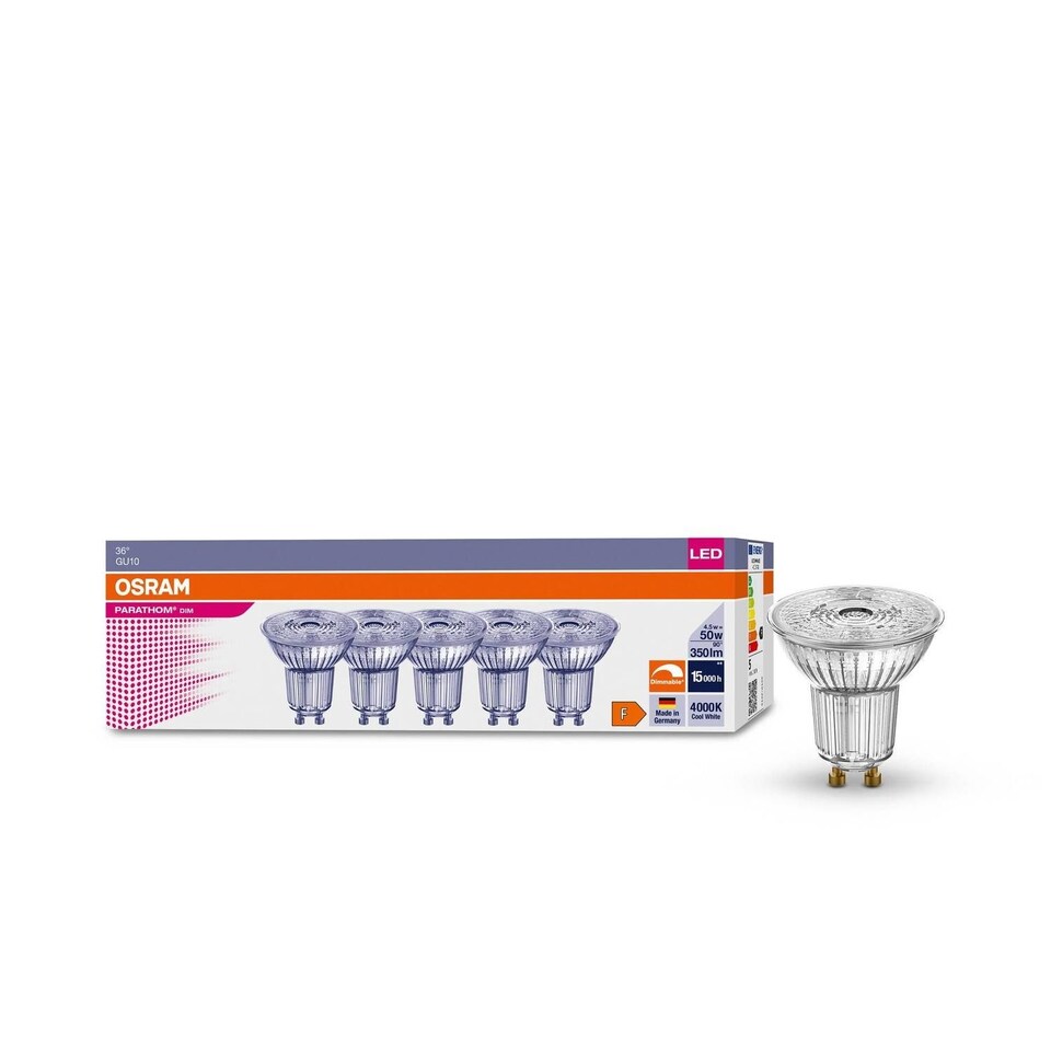 image 1 of Osram LED Parathom 16 50 36° DIM Lamp 4.5W 940 GU10 x 5 lamps