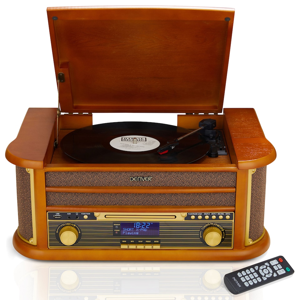 image 1 of Denver 9-in-1 Retro Vintage DAB Bluetooth Wooden Radio Record Player - MRD-51BT | Brown | Vintage Wood