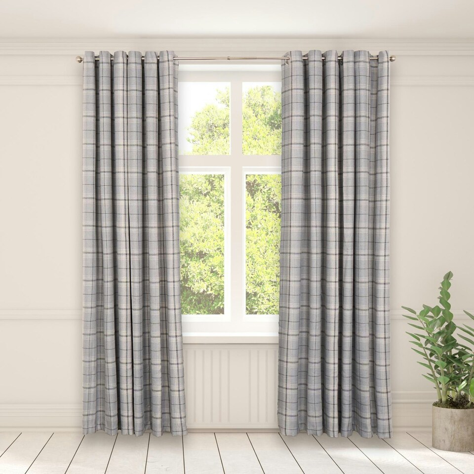 image 1 of OHS Textured Woven Check Eyelet Curtains, 66x90" - Grey
