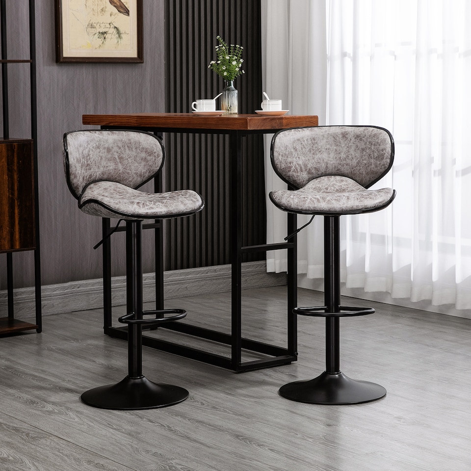 image 1 of HOMCOM Bar Stool Set of 2 Microfiber Cloth Adjustable Height Armless Chairs with Swivel Seat, Grey