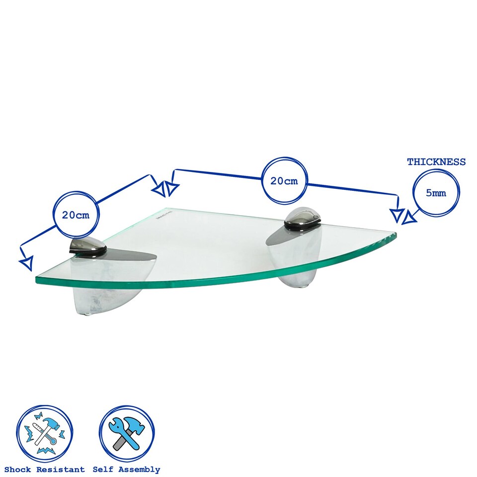 image 1 of Harbour Housewares 6x Floating Glass Corner Shelves - 20cm - Silver Brackets - Bathroom Shower Storage Vanity Display Unit Shelf | Silver | Clear/Chrome | 20 x 20 x 0.5 CM | 6