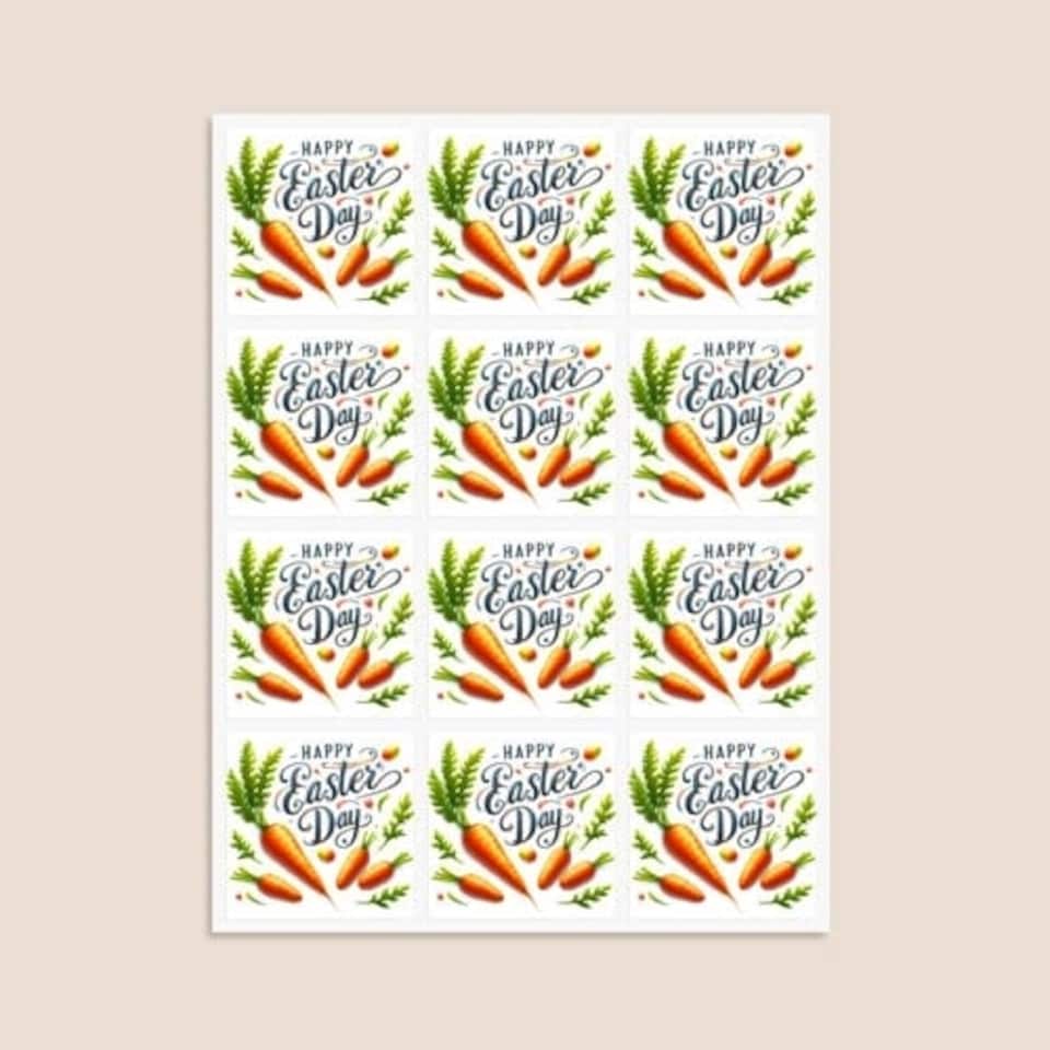 image 1 of Happy Easter Carrots Square Stickers 65mm - Sheet of 12