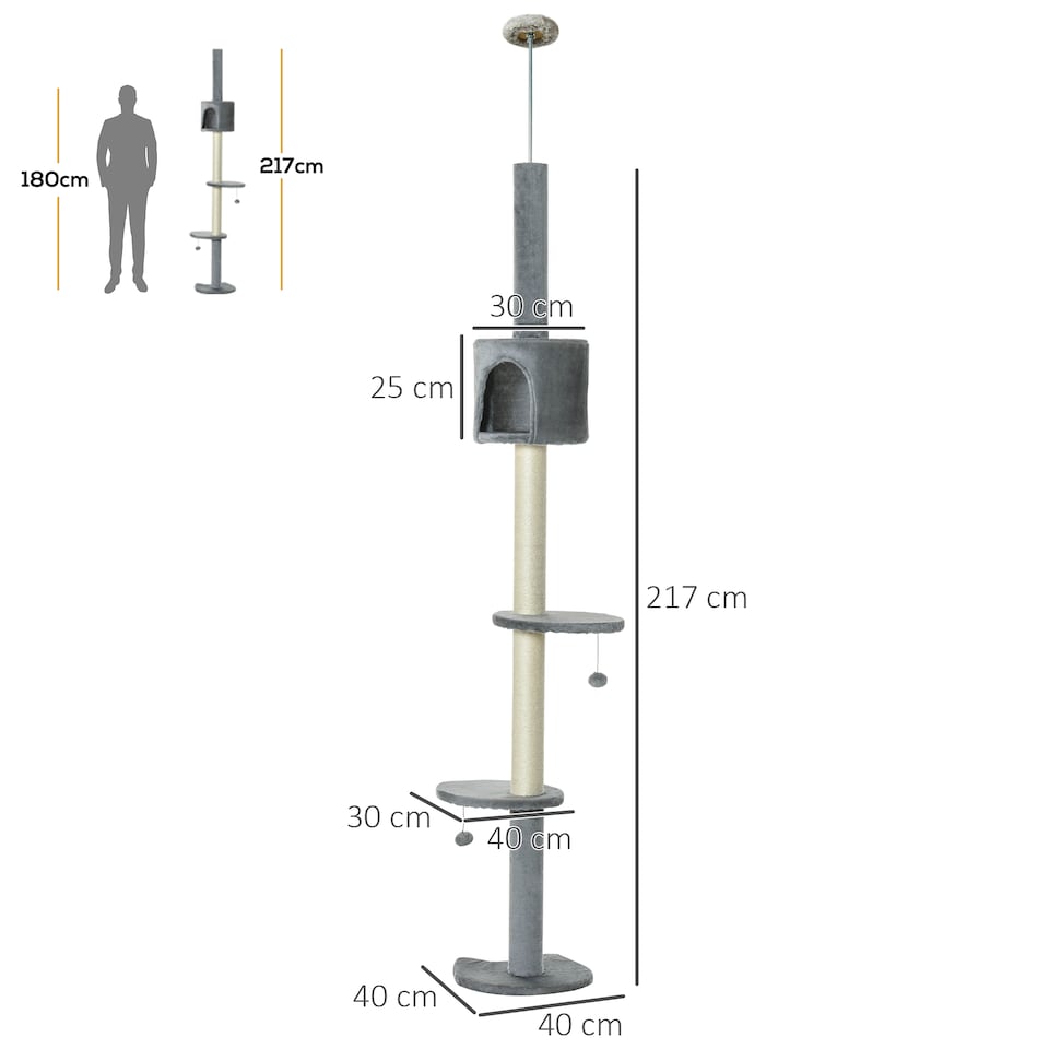 image 1 of PawHut Floor to Ceiling Cat Tree with Condo Scratching Post, Light Grey