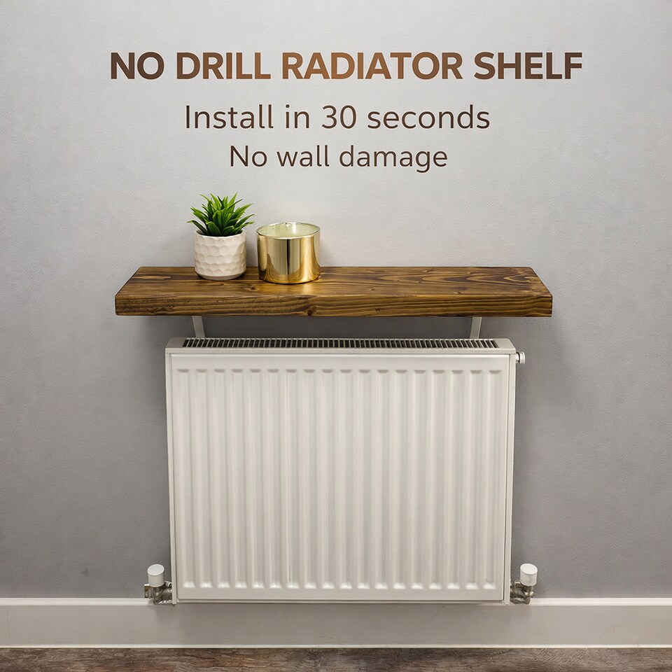 image 1 of MKGT Solid Wood Radiator Shelf with No-Drill Brackets, Handmade in UK, Tudor Oak – 50cm