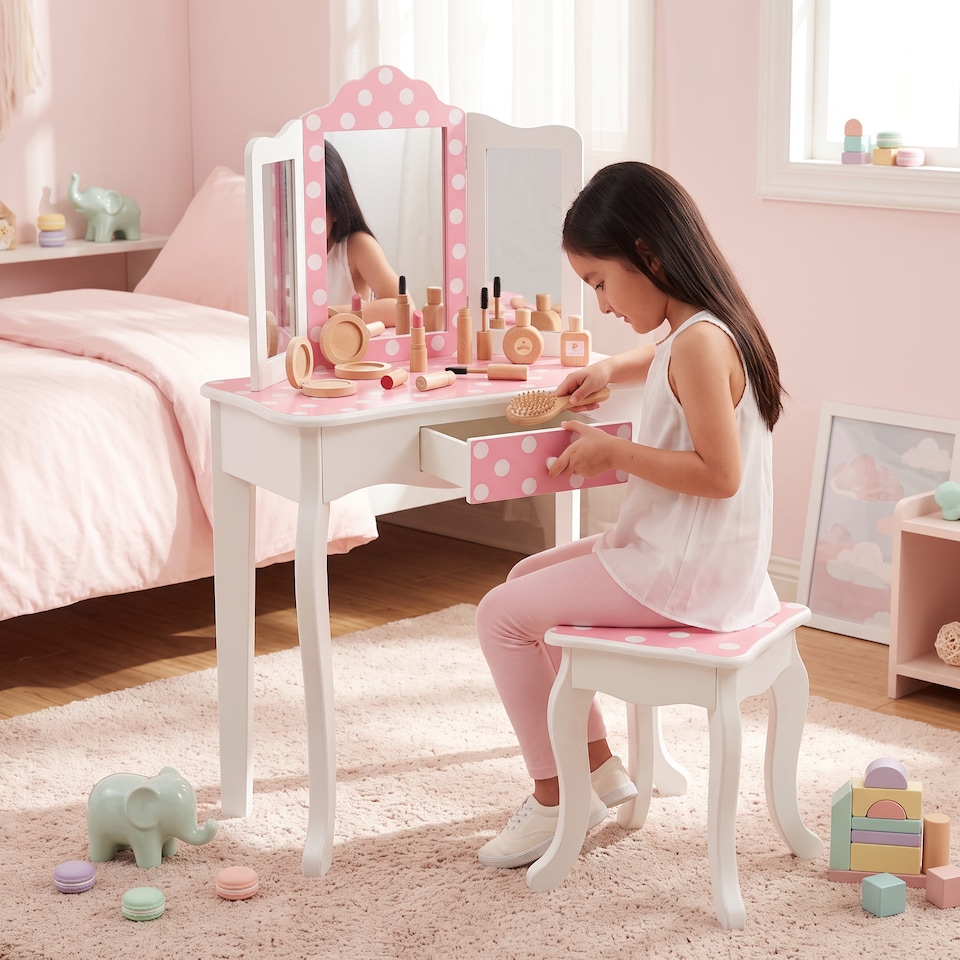 image 1 of Teamson Kids Play Vanity with Stool, Gold & White Polka Dots, Gisele
