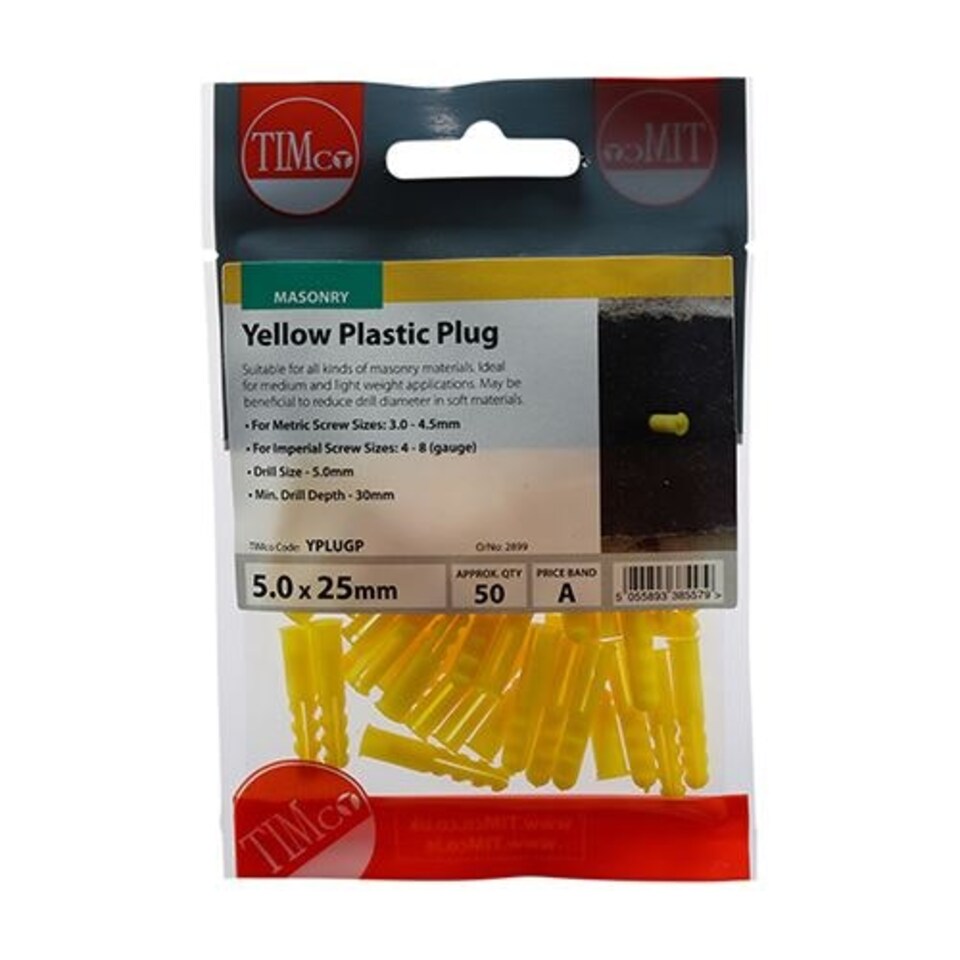 image 1 of Timco - Plastic Plugs - Yellow (Size 25mm - 50 Pieces)