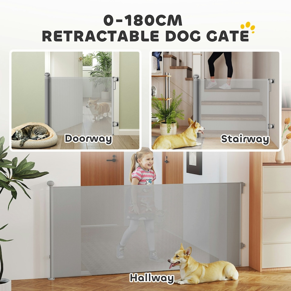 image 1 of PawHut Retractable Stair Gate, Dog Gate Extends Up to 180 cm Wide, Grey