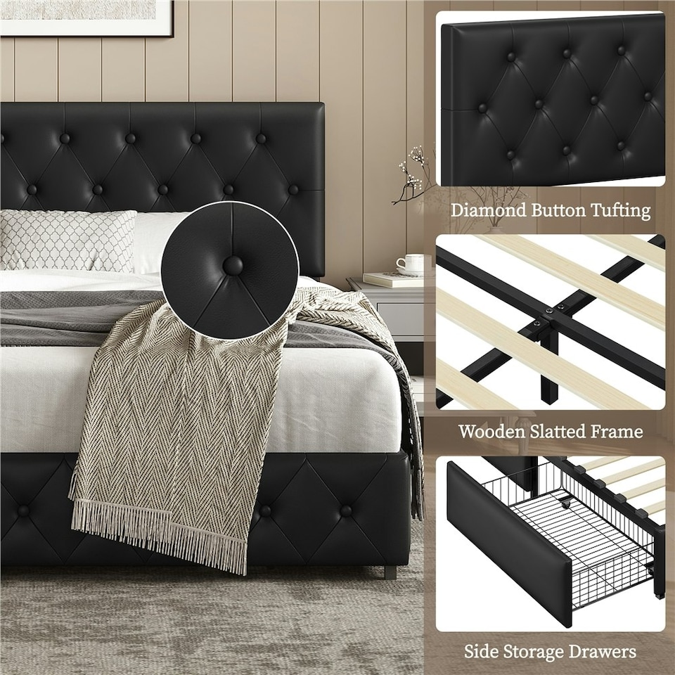 image 1 of Yaheetech 150 cm W × 200 cm L Bed Frame with Adjustable Headboard and 2 Drawers Black