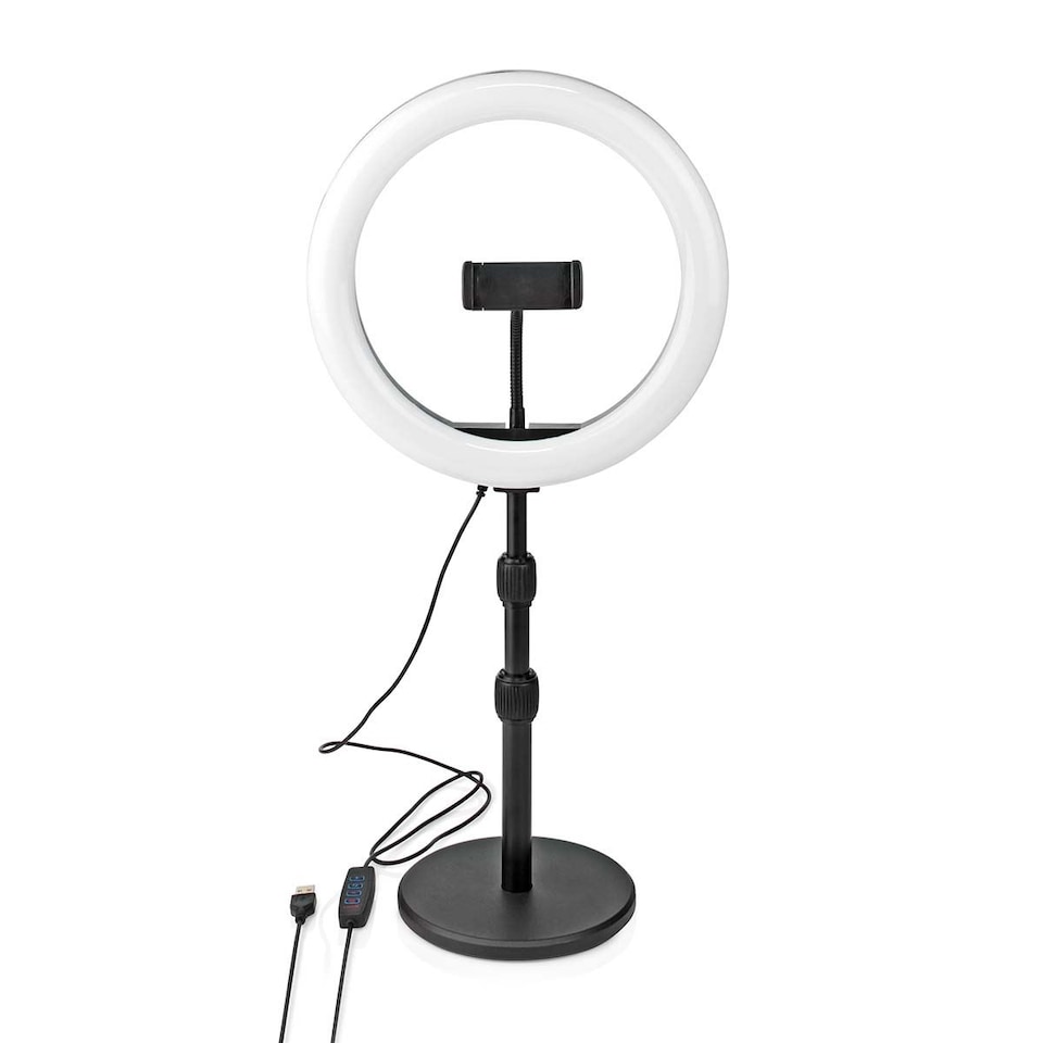 image 1 of Nedis Ring Light, 10" LED Ring Lamp with 120 LEDs on Aluminium Table Stand, USB Powered, with Flexible Phone Holder, 10 Light Modes
