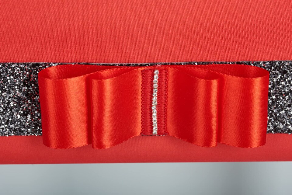 image 1 of FURNISHED Blackout Roller Blind with Black Glitter Trim and Red Bow Trimmable Window Shade | Red | Red | (W) 45cm x (L) 210cm
