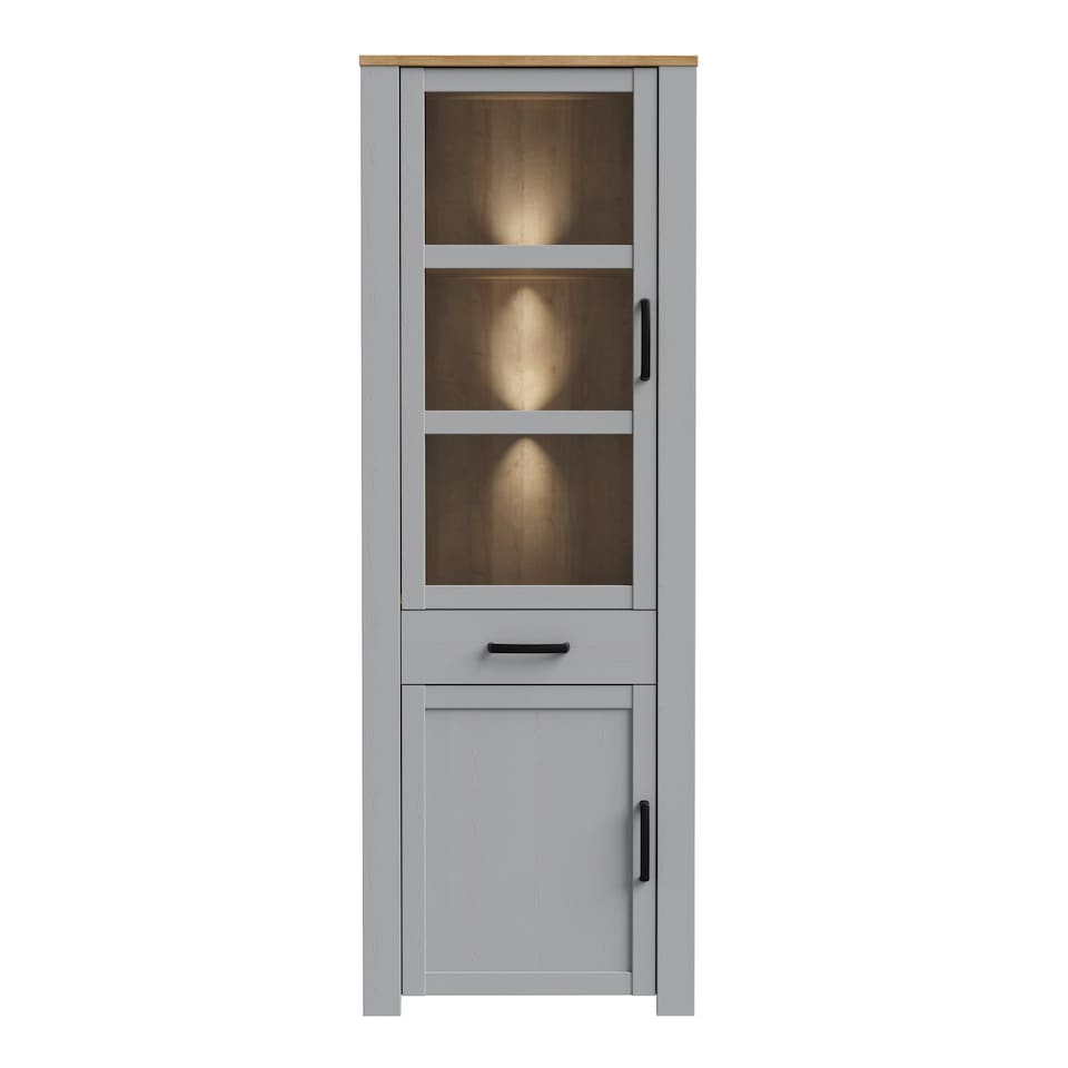 image 1 of Bohol Narrow Display Cabinet inc. 2x LED Lights in Riviera Oak/Grey Oak