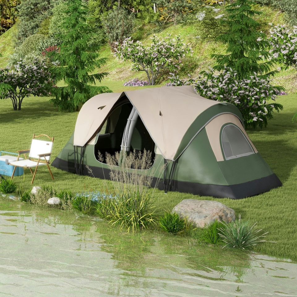 image 1 of Outsunny 2 Room Camping Tent with Waterproof Rainfly & Screen Panels Dark Green
