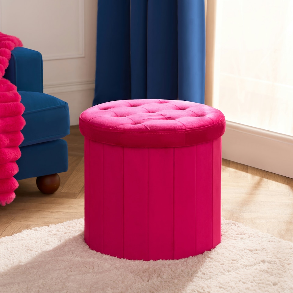 image 1 of OHS Matte Velvet Soft Round Foldable Footstool Seat Storage Organiser Ottoman Pink | Bright Pink