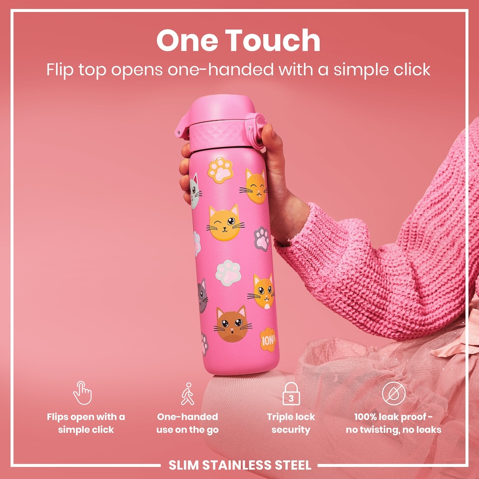 image 1 of Leak Proof Slim Water Bottle, Stainless Steel, 600ml (20oz) | Pink | Cats | One Size