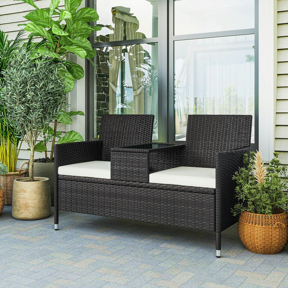 image 1 of Outsunny Rattan Chair Garden Furniture Patio Companion Love Seat Table 
