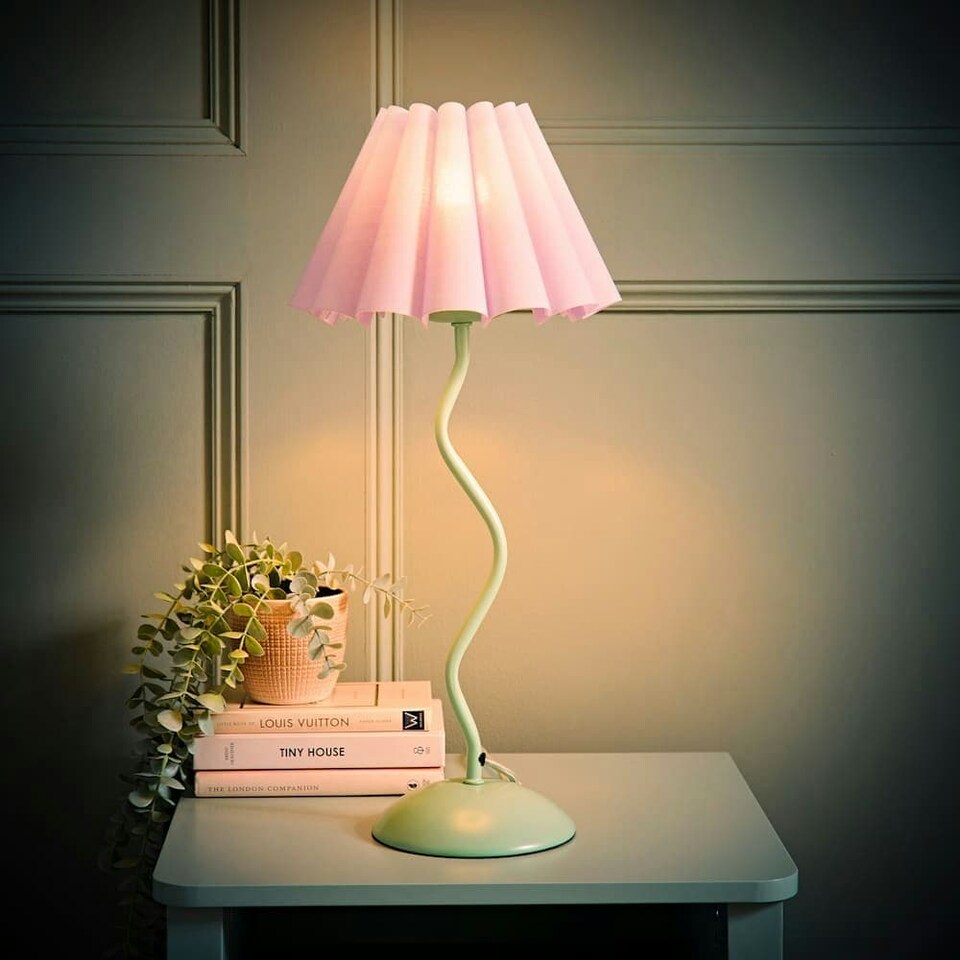 image 1 of ValueLights Wiggle Lilac Pleated Scallop Lamp Shade Moss Green Metal Table Lamp | Green | Purple