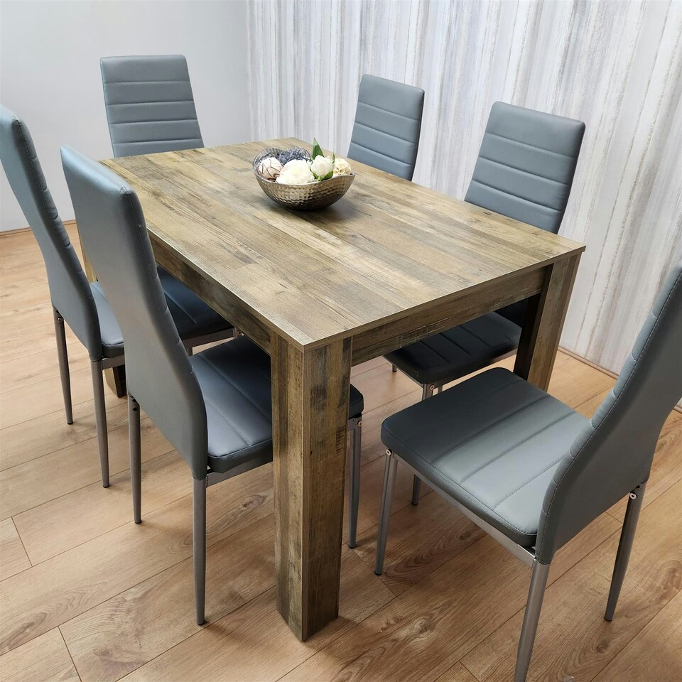 image 1 of Dining Table and 6 Chairs Rustic Effect Wood Table 6 Grey Leather Chairs Dining Room Brown