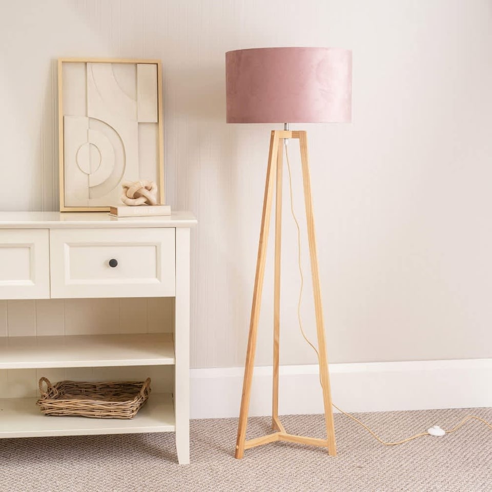 image 1 of ValueLights Lottie Natural Wood Tripod Floor Lamp Blush Pink Velvet Shade and Bulb