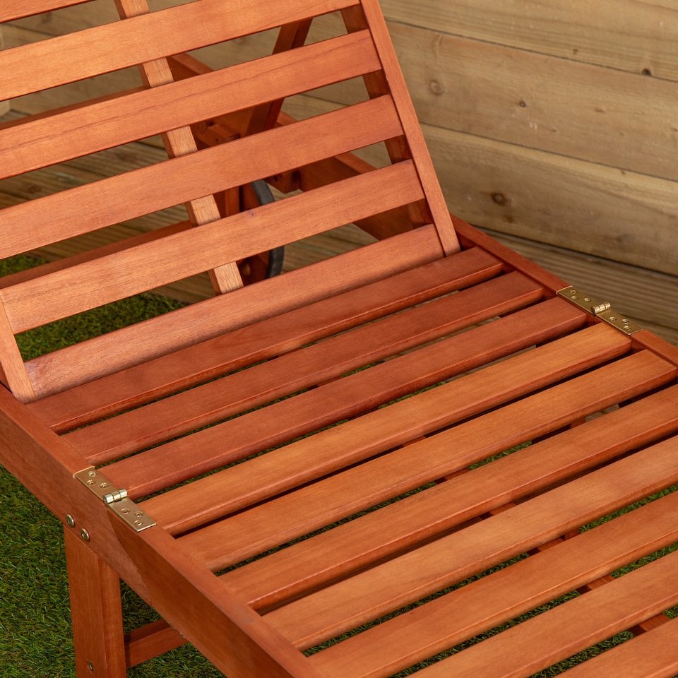 image 1 of 1.9m x 0.6m Outdoor Wooden Adjustable Foldable Sunlounger with Wheels | Brown | Brown
