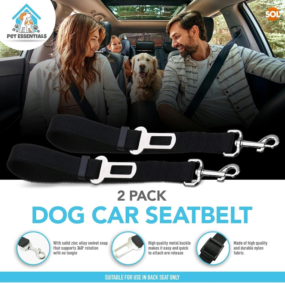 image 1 of SOL 2pk Dog Car Seat Belts, 70cm Adjustable Seatbelt Harness Strap for Dogs | Black | M