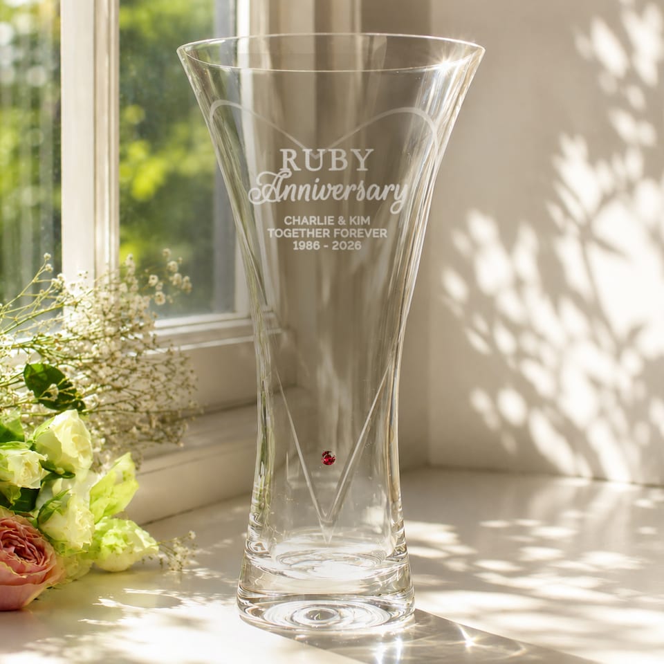 image 1 of Personalised Ruby Anniversary Large Hand Cut Diamond Effect Heart Vase