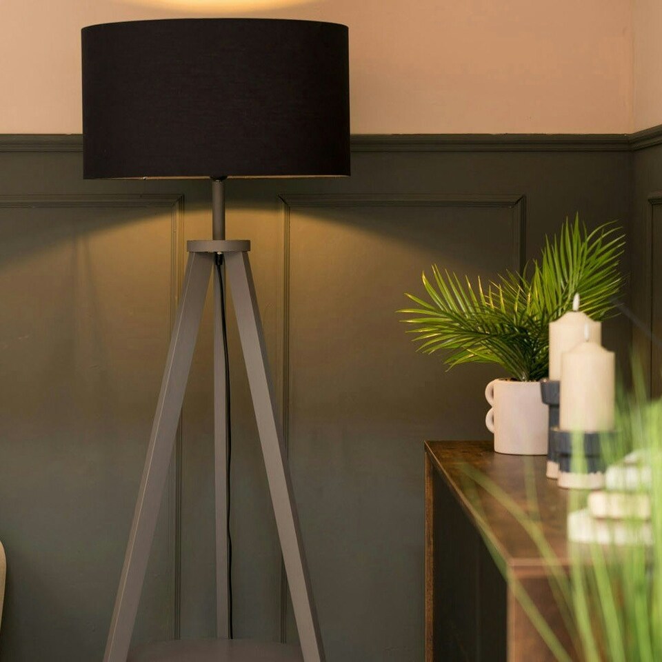 image 1 of ValueLights Morrigan Navy Shade Grey Wood Tripod Floor Lamp & Bulb Blue