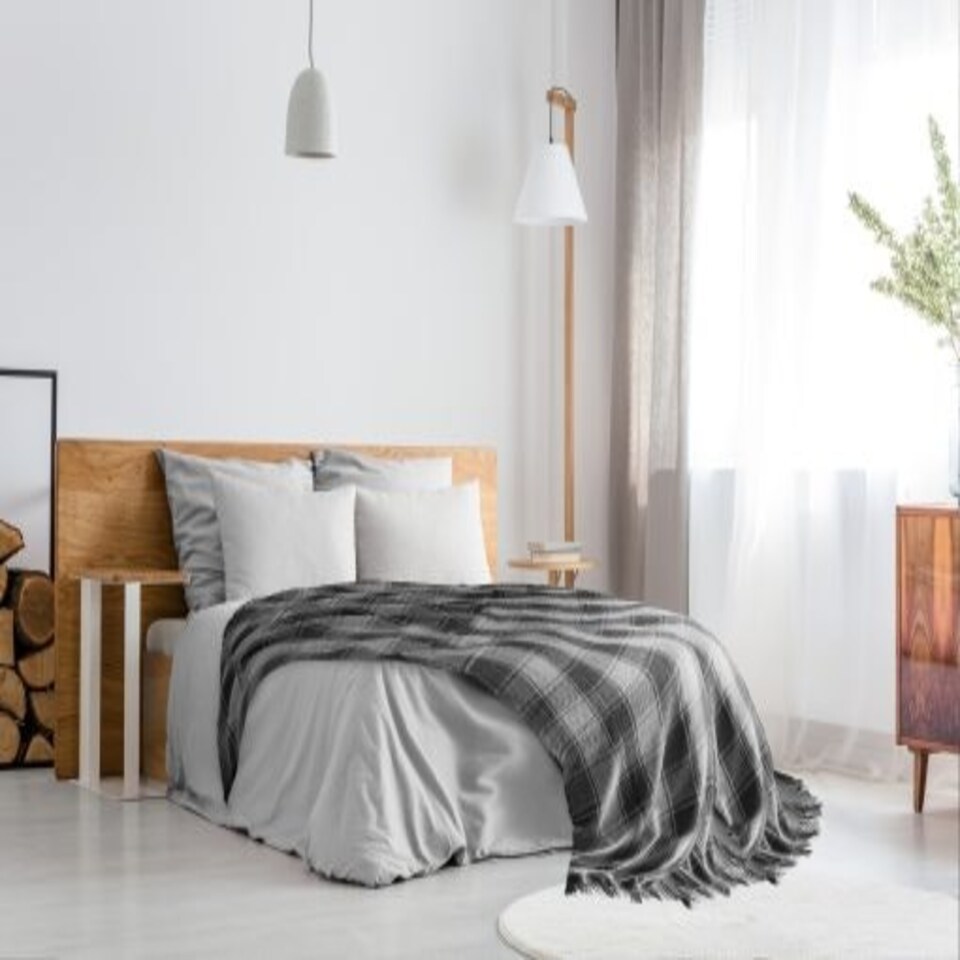 image 1 of Comfy Check Collection Recycled Cotton Throw in Charcoal (90" x 100") Grey | Grey