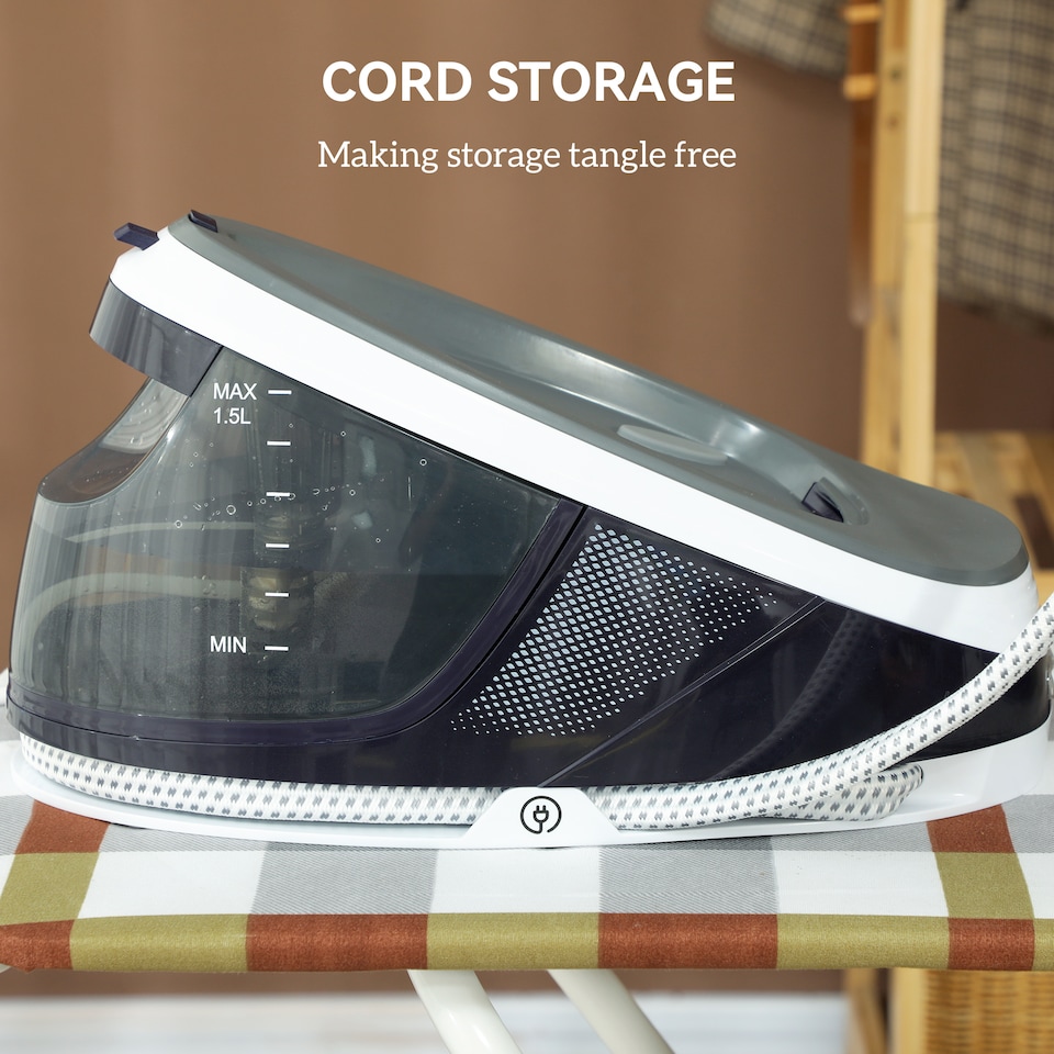 image 1 of HOMCOM Steam Generator Iron, Energy-Saving, Self-Cleaning, Powerful Vertical Steam, Automatic Shut-Off, Ceramic Non-stick Soleplate, Large 1.5L Detachable Water Tank, 8 Bar, c, Blue