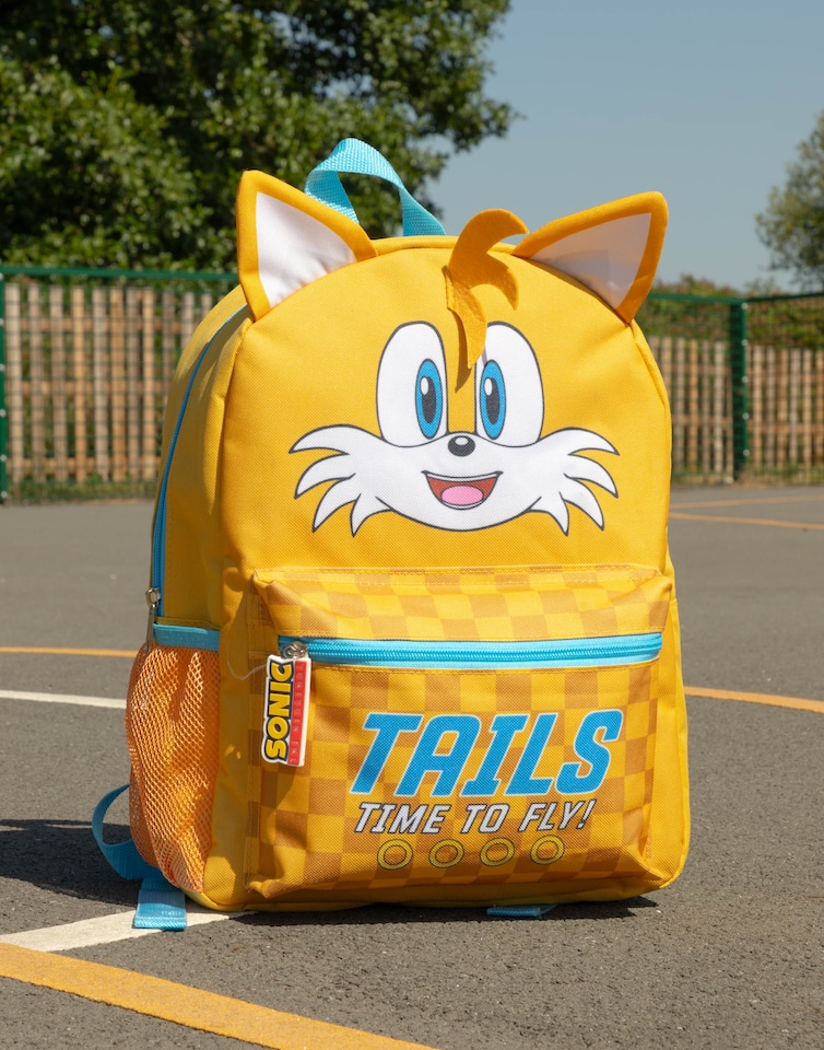 image 1 of Sonic the Hedgehog Kids 3D Tails Backpack - Yellow 'Time To Fly' Character Bag with Checkered Front Pocket - Zip Closure School Bag for Boys & Girls - Sonic Merch Rucksack | Yellow | Yellow