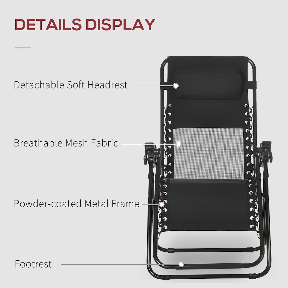 image 1 of Outsunny Garden Recliner Chairs Set of 2, Outdoor Foldable Zero Gravity Chairs Set with Footstool and Detachable Headrest, Black