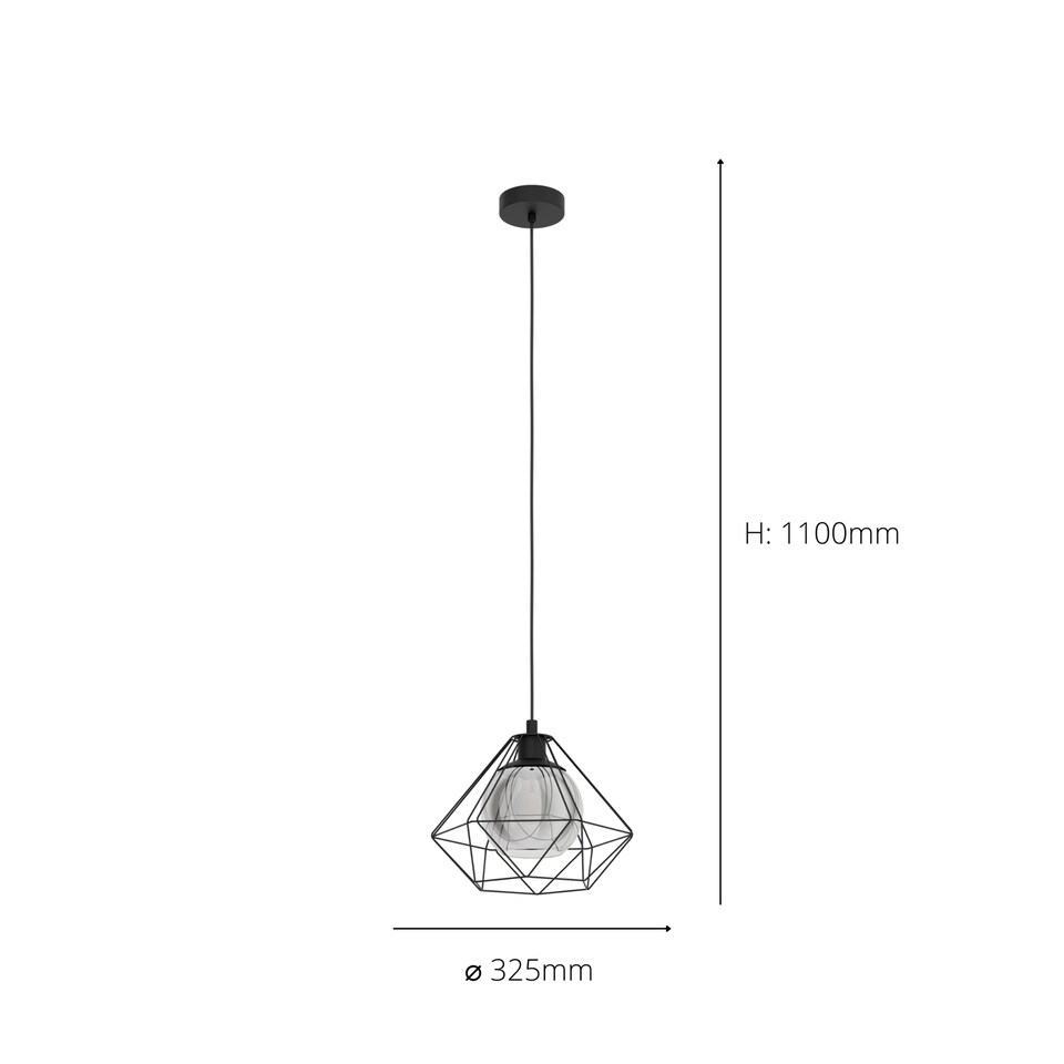 image 1 of EGLO Vernham Black Smoked Glass & Steel Single Pendant, 32.5cm