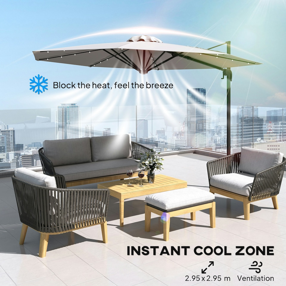 image 1 of Outsunny 3(m) Cantilever Parasol Patio Sun Umbrella w/ Base Solar Lights Grey