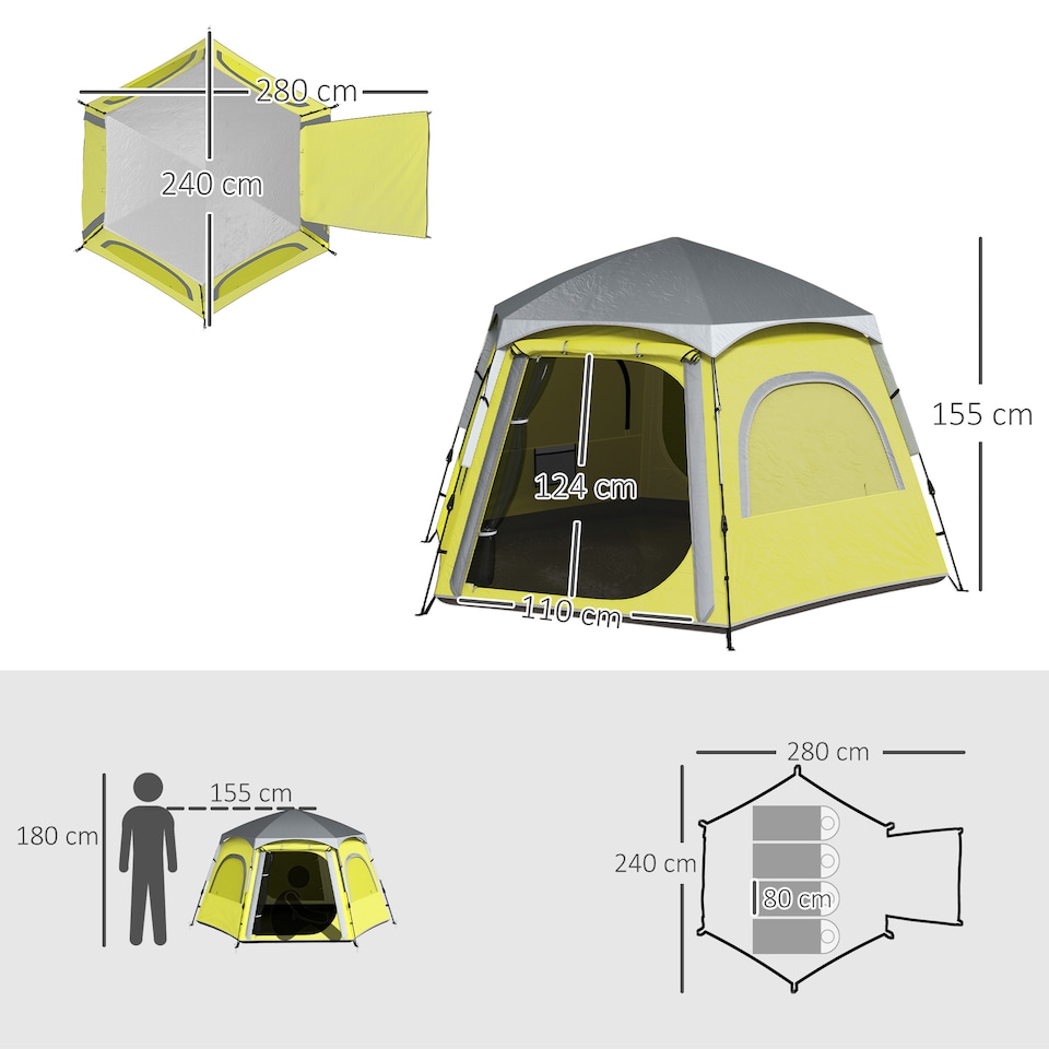 image 1 of Outsunny Instant Camping Tent, 4 Person Easy Setup Dome Tent | Yellow | Yellow | 2.8L x 2.4W x 1.55H m