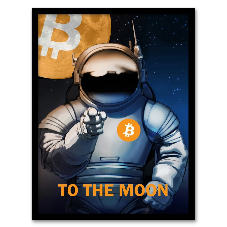 image 1 of Bitcoin Moon Crypto Astronaut Satoshi Man Black Framed Wall Art Print A4