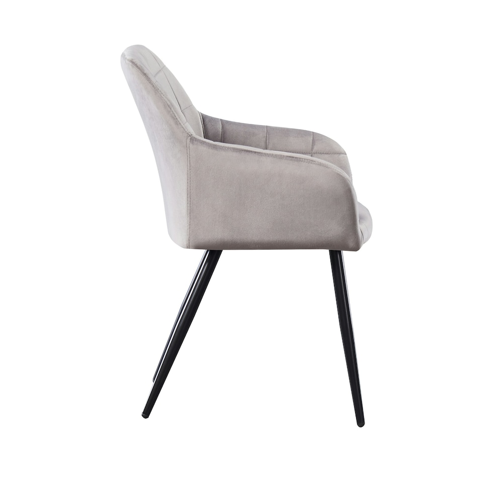 image 1 of Set of 2 Camden Modern Velvet Dining Chairs with Armrests, Quilted Design & Black Metal Legs Grey | Light Grey