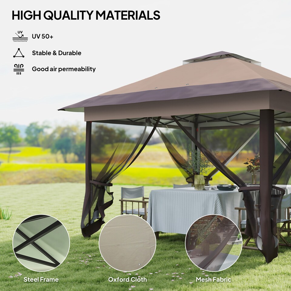 image 1 of Outsunny 3.6 x 3.6 m Pop up Gazebo with Netting and Wheeled Carry Bag, UPF50 Height Adjustable Party Tent Instant Canopy Sun Shade Shelter, Khaki