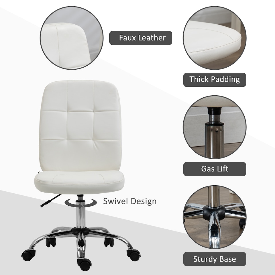 image 1 of Vinsetto Armless Office Chair, Faux Leather Desk Chair with Adjustable Height, Button Tufted, White