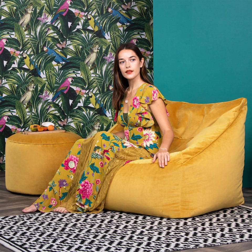 image 1 of icon Natalia Velvet Adults Bean Bag Armchair and Pouffe, Ready Filled Large Beanbag and Footstool Ochre Yellow Yellow | Yellow