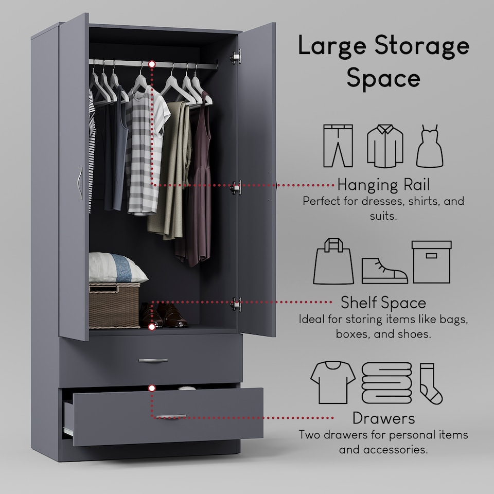 image 1 of Vida Designs Riano 2 Door 2 Drawer Wardrobe With Shelf & Clothes Rail, Grey