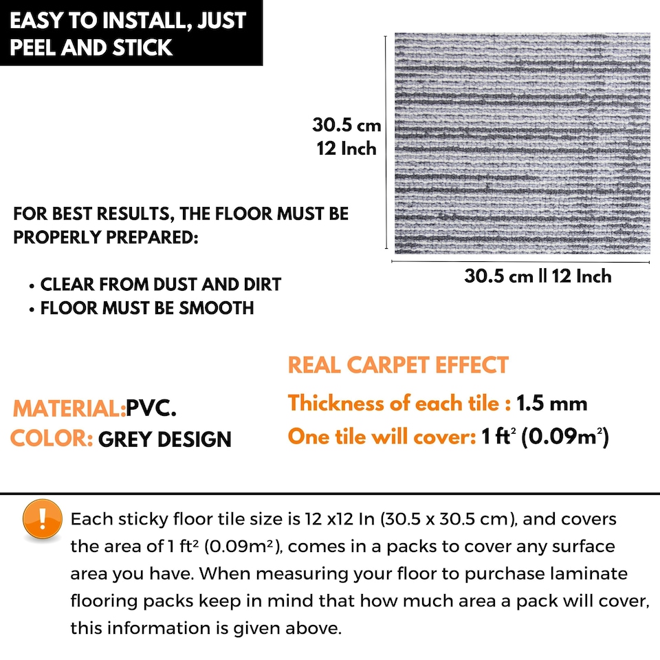 image 1 of NOVECRAFTO Peel & Stick Floor Tiles – Grey Carpet Effect, 12x12in (30.5x30.5cm), Self Adhesive, Durable, Easy Clean, Carpet Imitation Style Grey | 2.79 sqm